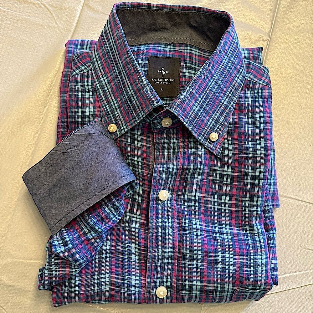 Tailorbyrd Collection Blue Multi Plaid Button Down Dress Shirt Size Large